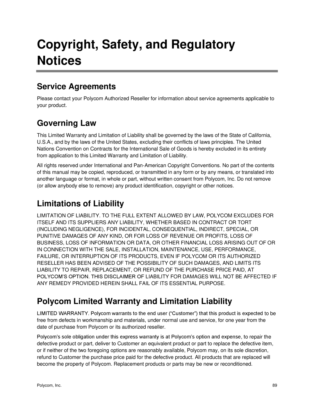 Polycom CX5500 Copyright, Safety, and Regulatory Notices, Service Agreements, Governing Law, Limitations of Liability 