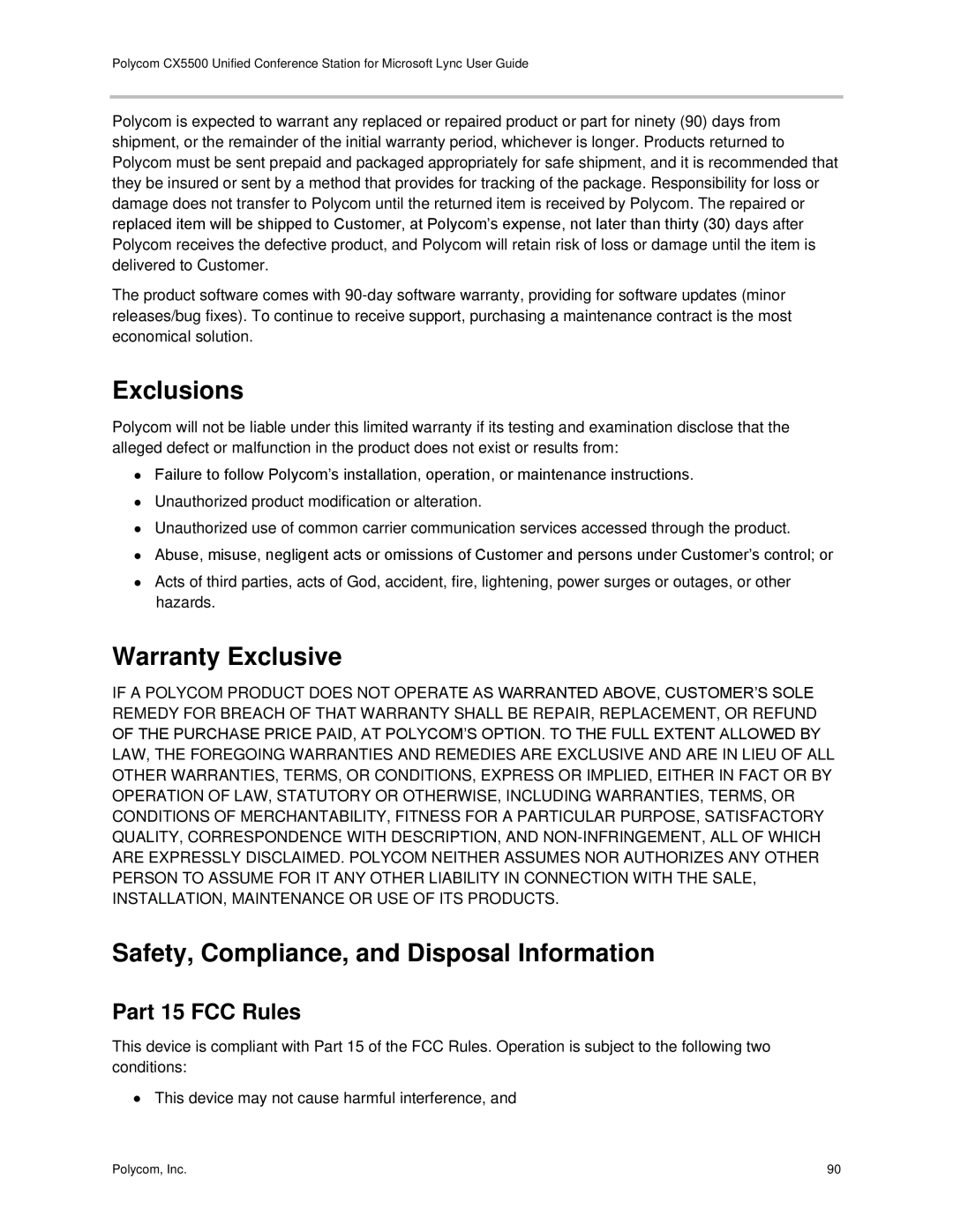 Polycom CX5500 manual Exclusions, Warranty Exclusive, Safety, Compliance, and Disposal Information, Part 15 FCC Rules 