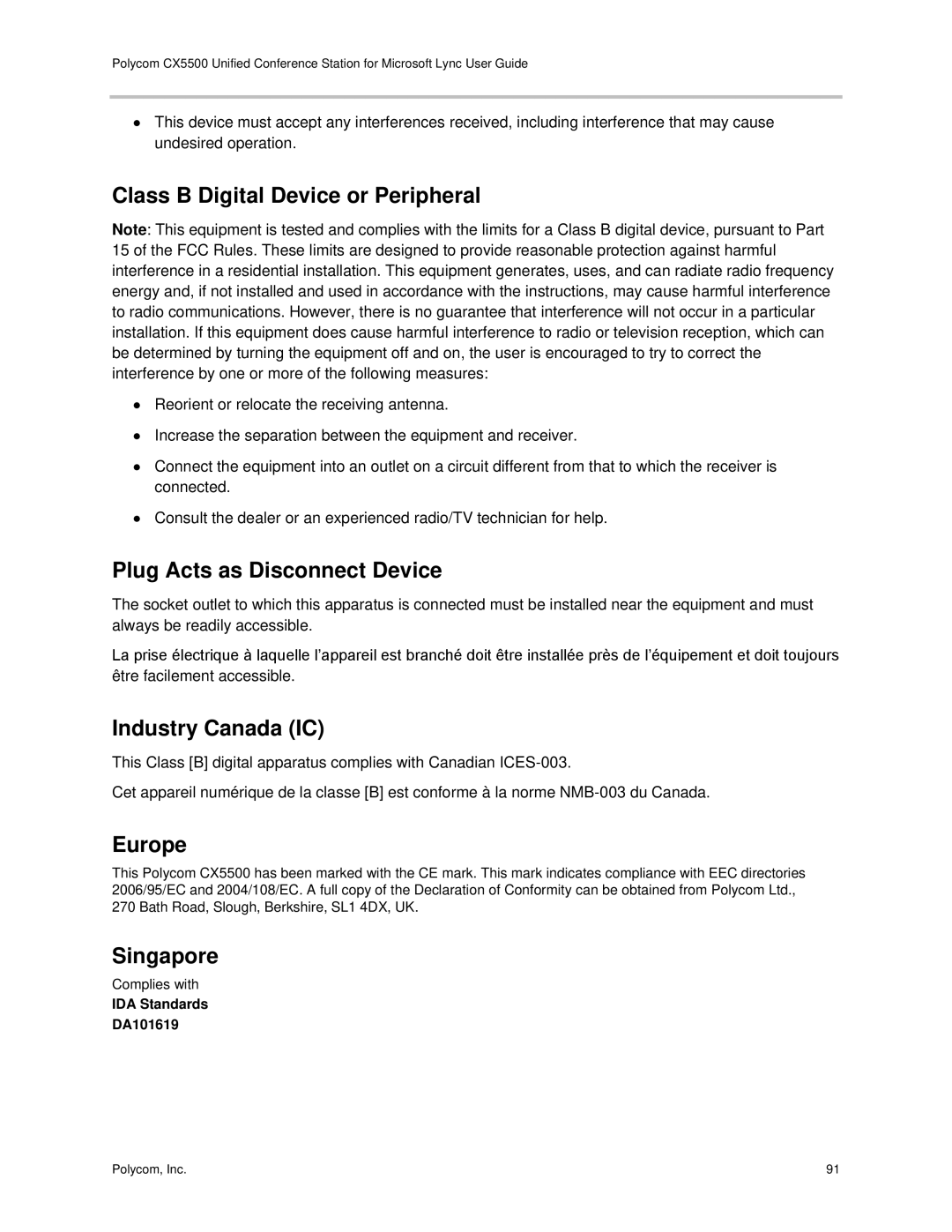 Polycom CX5500 Class B Digital Device or Peripheral, Plug Acts as Disconnect Device, Industry Canada IC, Europe Singapore 