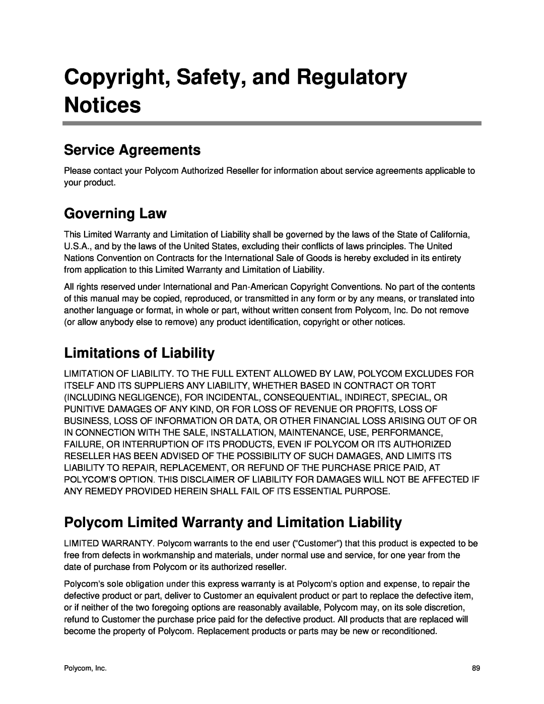 Polycom CX5500 Copyright, Safety, and Regulatory Notices, Service Agreements, Governing Law, Limitations of Liability 
