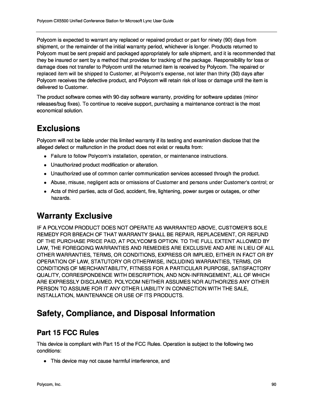Polycom CX5500 manual Exclusions, Warranty Exclusive, Safety, Compliance, and Disposal Information, Part 15 FCC Rules 
