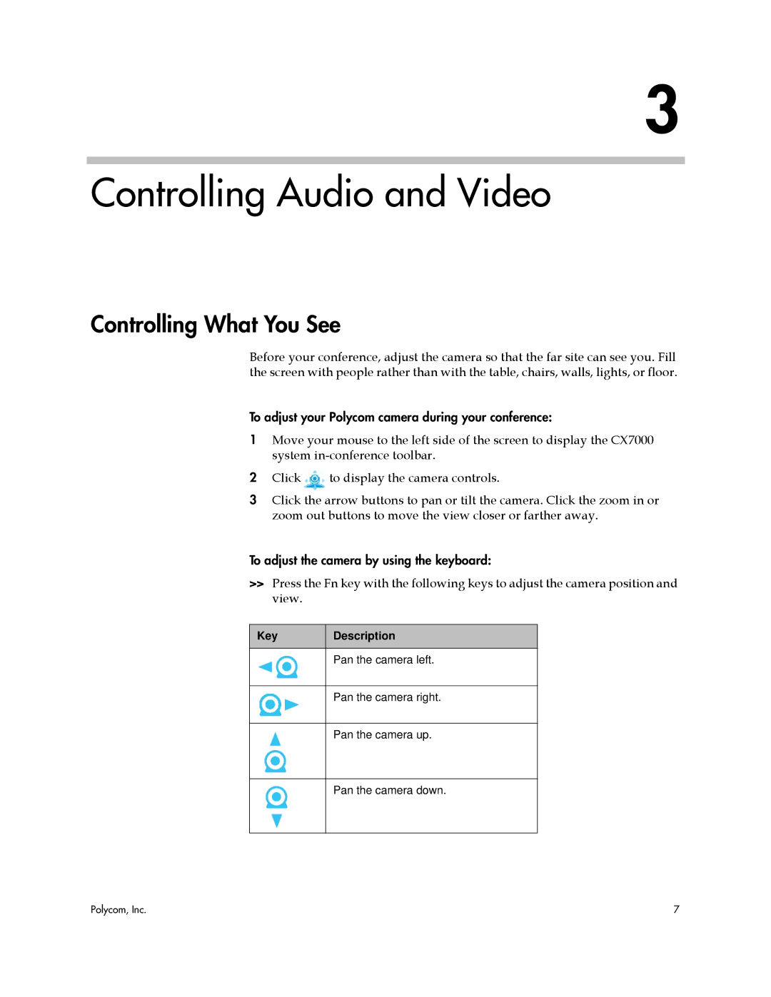 Polycom CX7000 manual Controlling Audio and Video, Controlling What You See, Key Description 