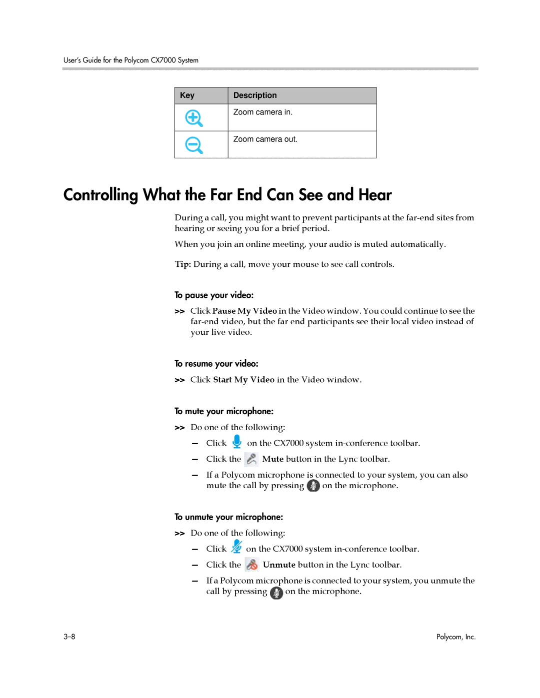 Polycom CX7000 manual Controlling What the Far End Can See and Hear, Key Description Zoom camera Zoom camera out 