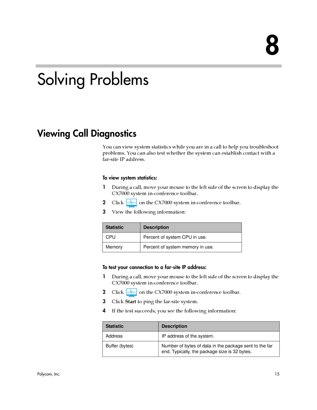 Polycom CX7000 manual Solving Problems, Viewing Call Diagnostics, Statistic Description 