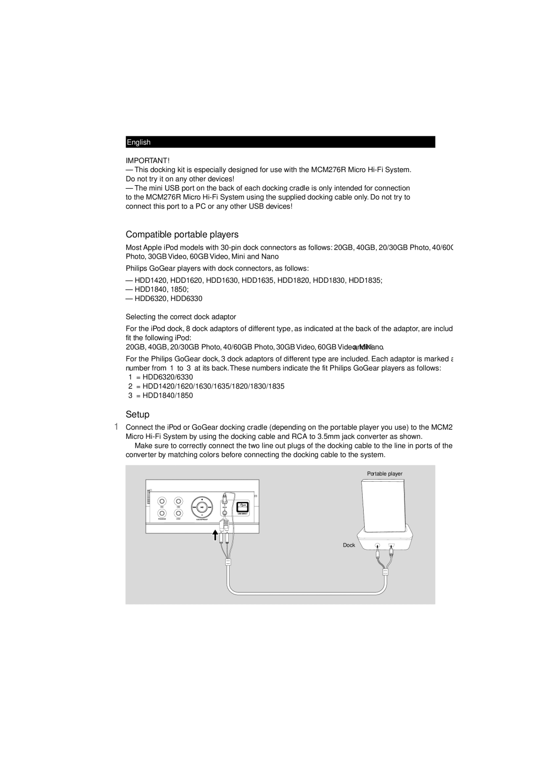 Polycom DC276 quick start Compatible portable players, Setup, Selecting the correct dock adaptor 