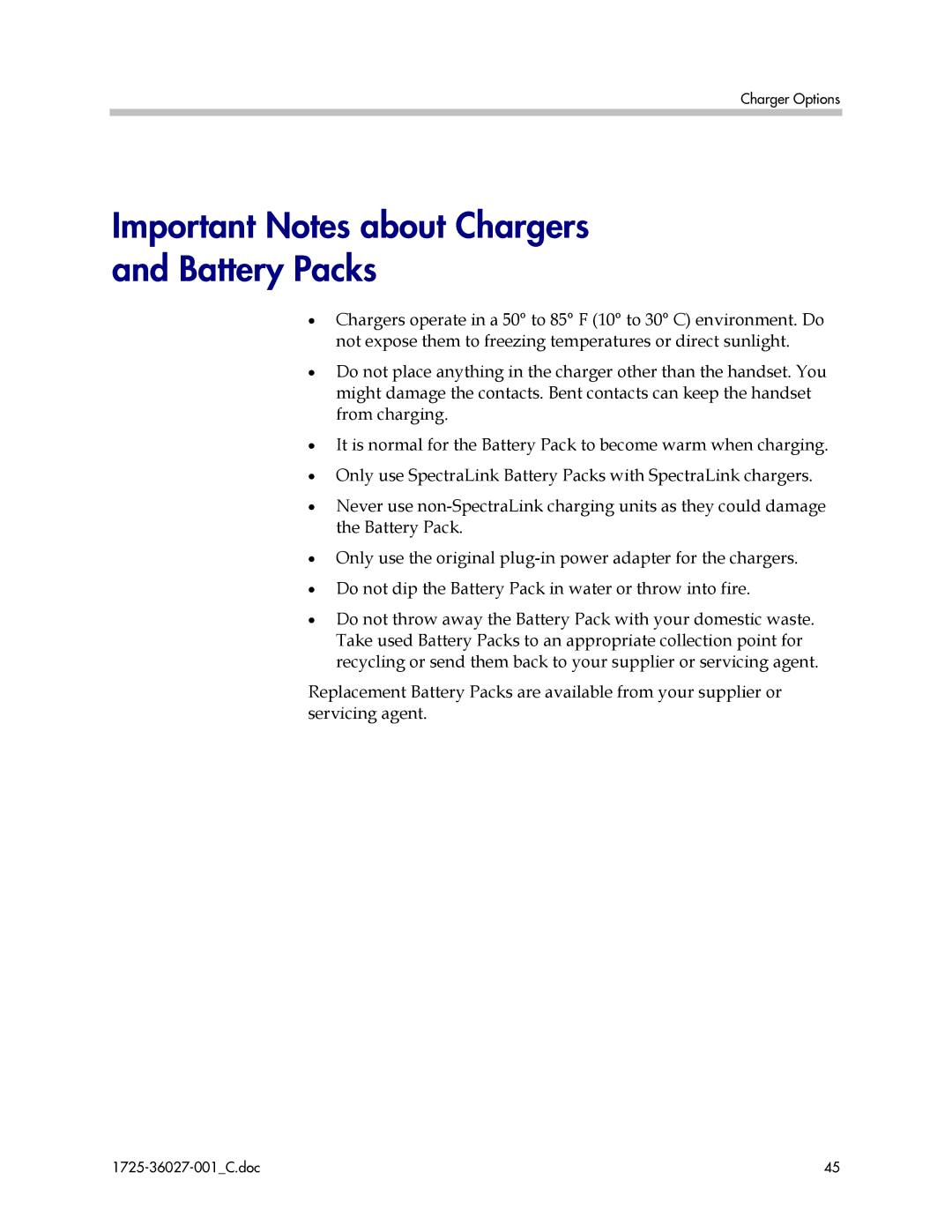 Polycom DCE201, DCE101, BPE101 manual Important Notes about Chargers and Battery Packs 