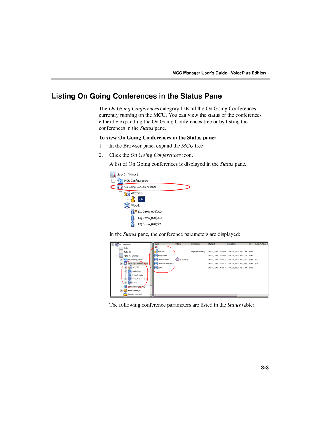 Polycom DOC2066F manual Listing On Going Conferences in the Status Pane, To view On Going Conferences in the Status pane 