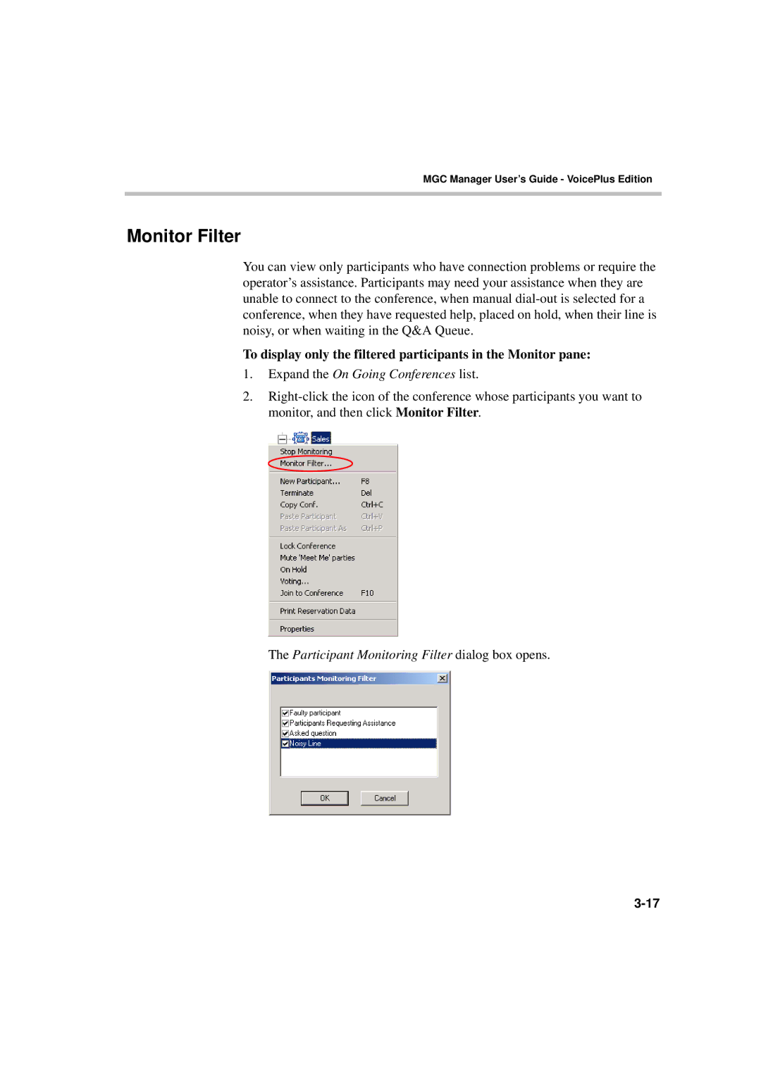 Polycom DOC2066F Monitor Filter, Expand the On Going Conferences list, Participant Monitoring Filter dialog box opens 