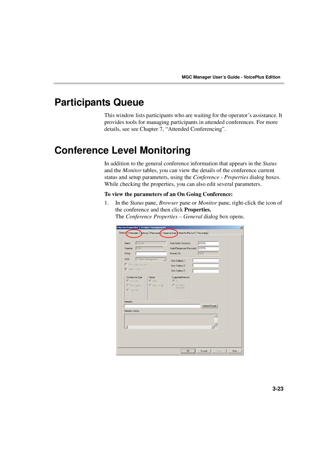 Polycom DOC2066F manual Participants Queue, Conference Level Monitoring, To view the parameters of an On Going Conference 