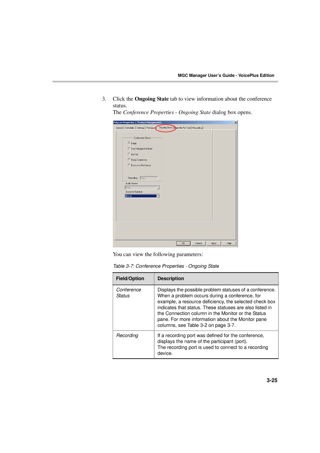 Polycom DOC2066F manual Conference Properties Ongoing State dialog box opens, You can view the following parameters 