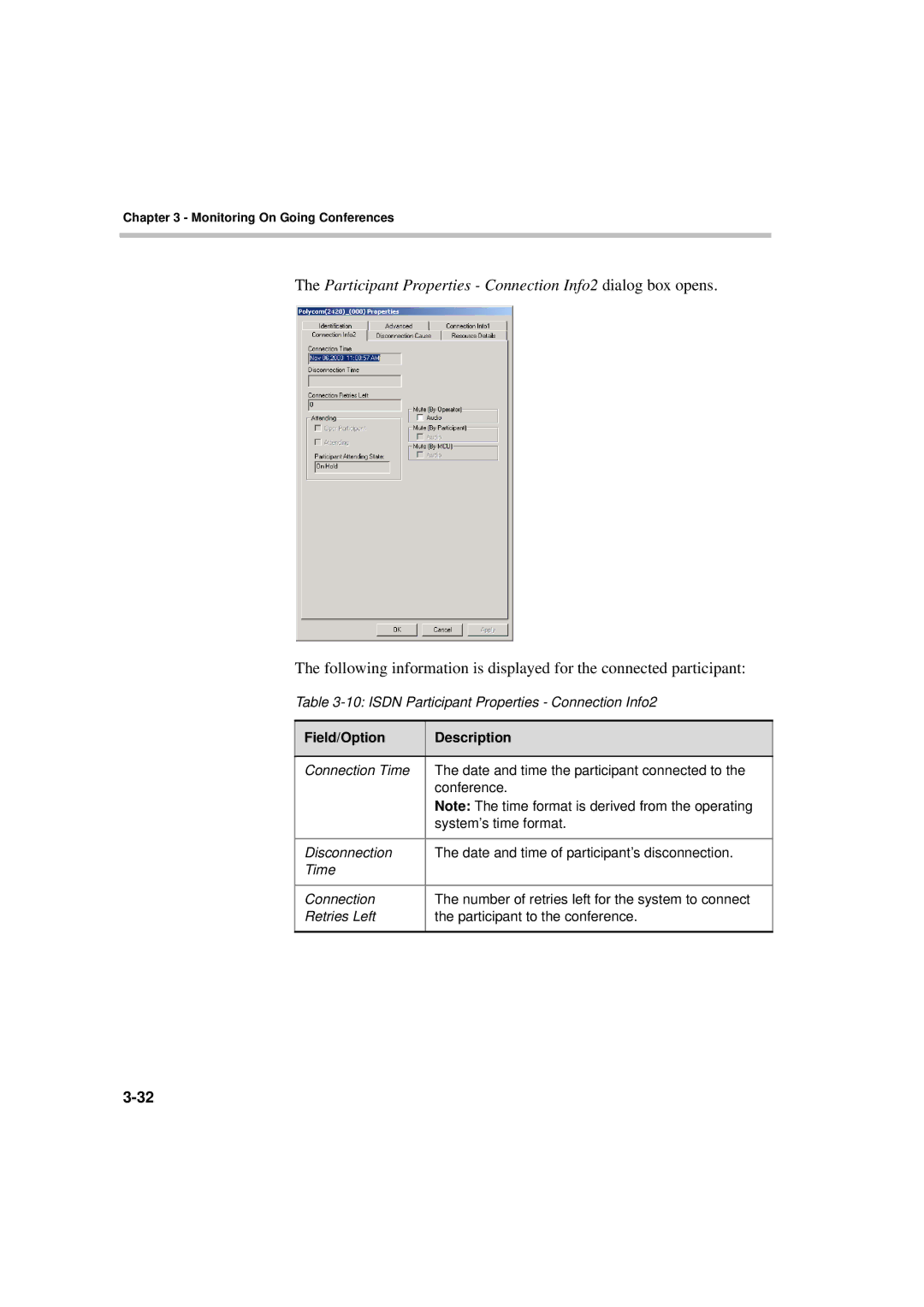 Polycom DOC2066F manual Participant Properties Connection Info2 dialog box opens 