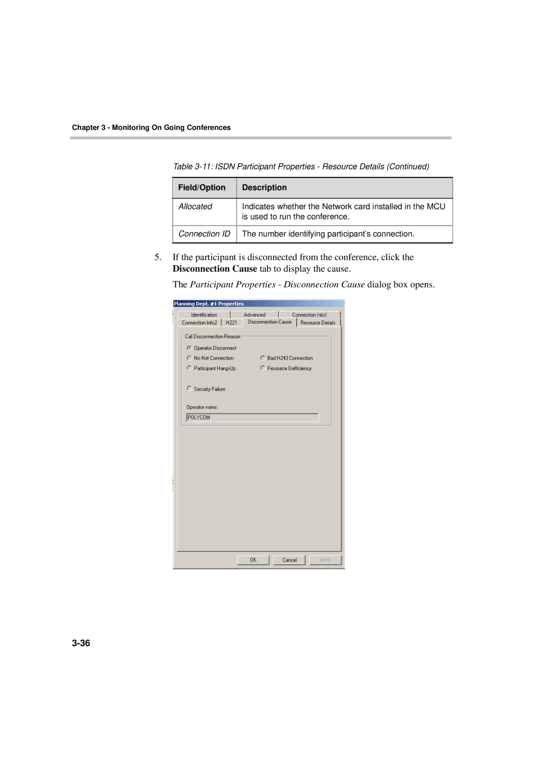 Polycom DOC2066F manual Participant Properties Disconnection Cause dialog box opens 