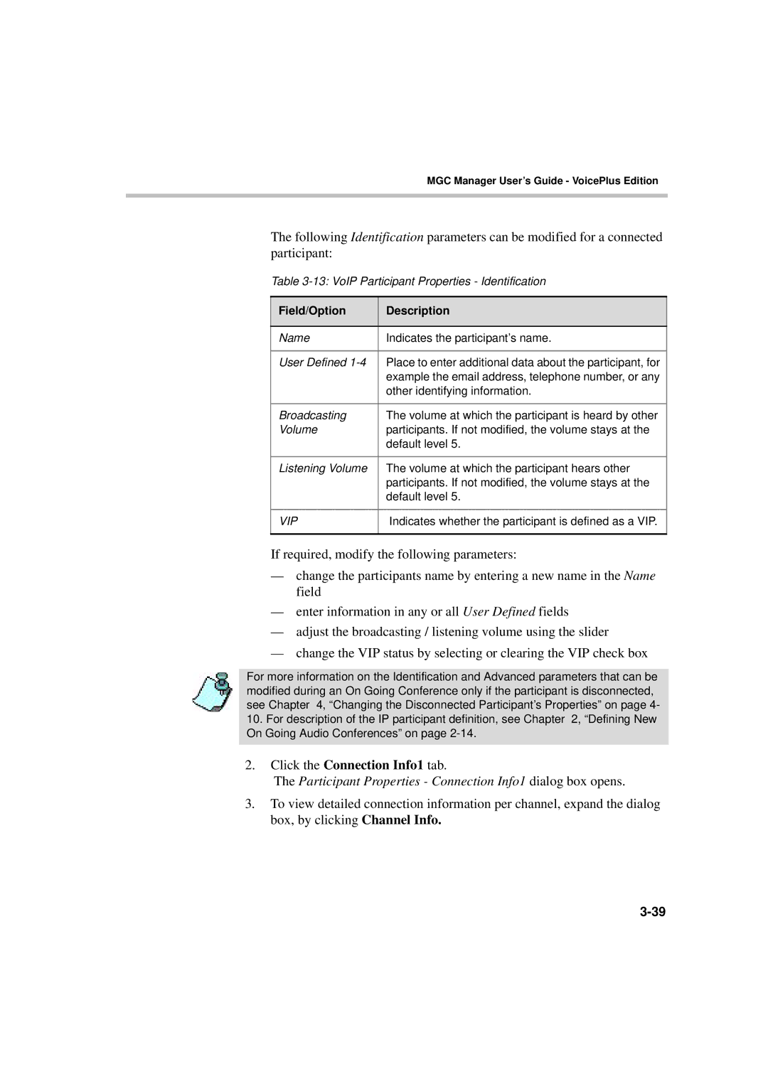 Polycom DOC2066F manual Click the Connection Info1 tab, Name Indicates the participant’s name User Defined 