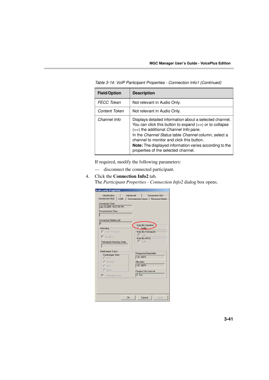 Polycom DOC2066F manual Click the Connection Info2 tab, Participant Properties Connection Info2 dialog box opens 