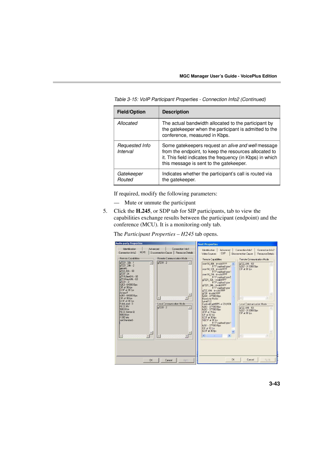 Polycom DOC2066F manual Participant Properties H245 tab opens 