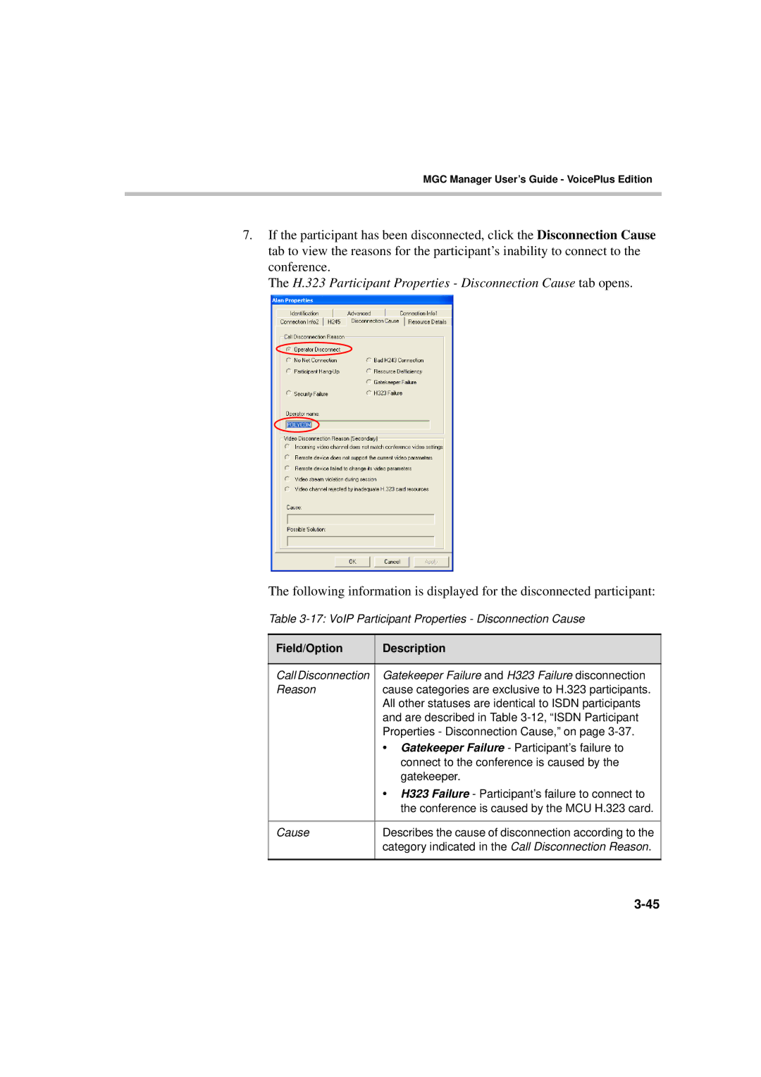 Polycom DOC2066F manual H.323 Participant Properties Disconnection Cause tab opens 