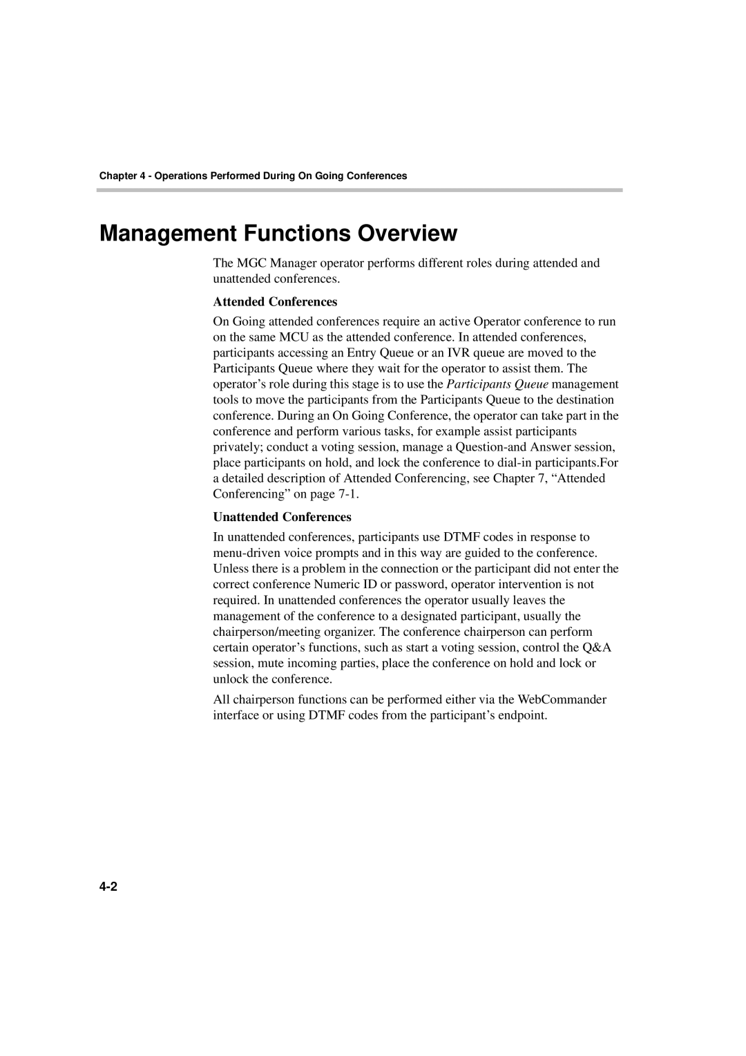 Polycom DOC2066F manual Management Functions Overview, Attended Conferences, Unattended Conferences 