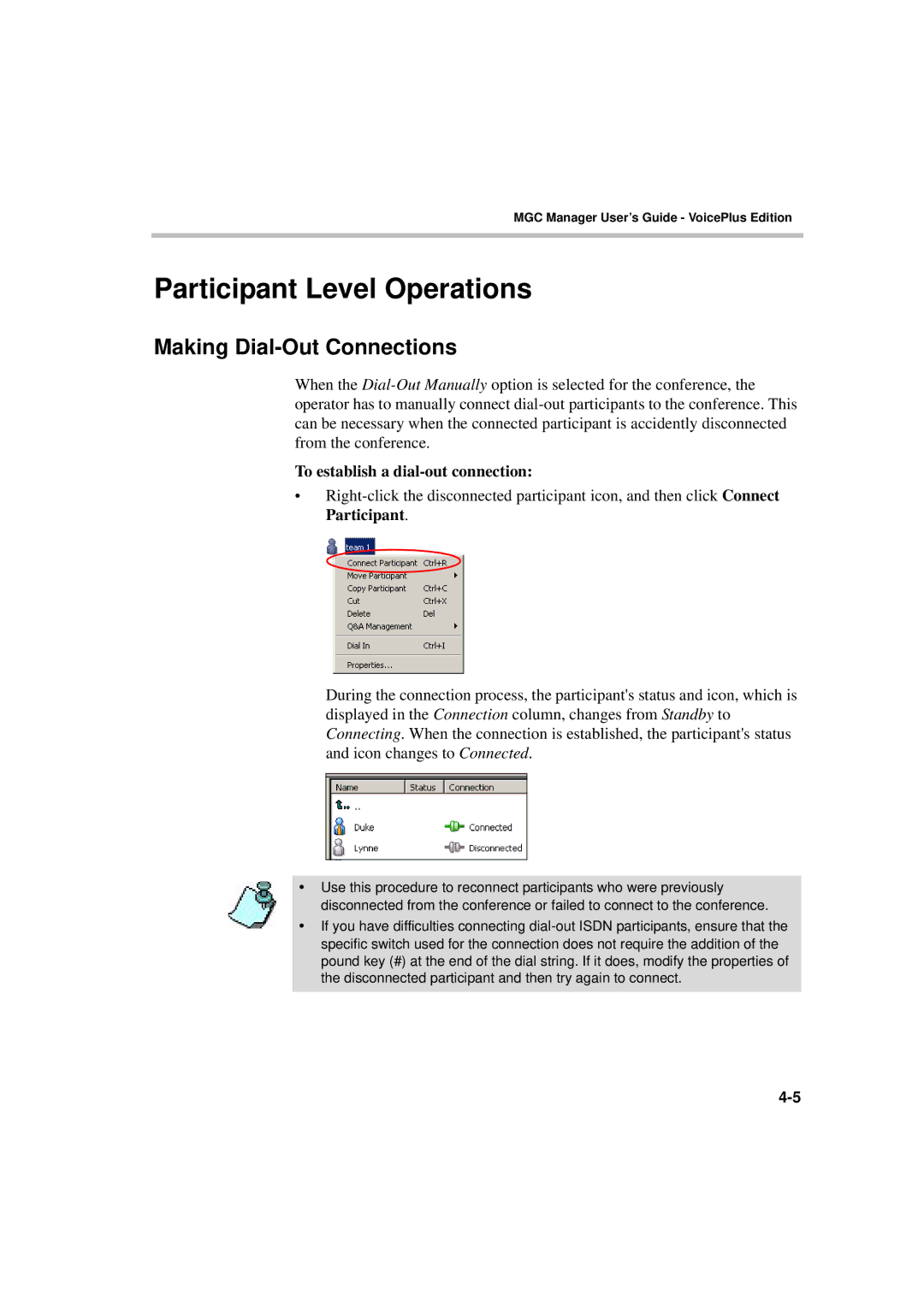 Polycom DOC2066F manual Participant Level Operations, Making Dial-Out Connections, To establish a dial-out connection 