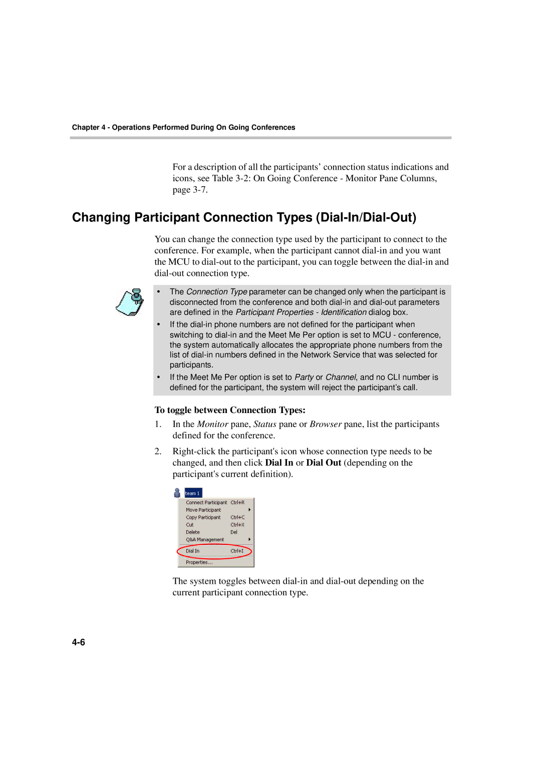 Polycom DOC2066F manual Changing Participant Connection Types Dial-In/Dial-Out, To toggle between Connection Types 