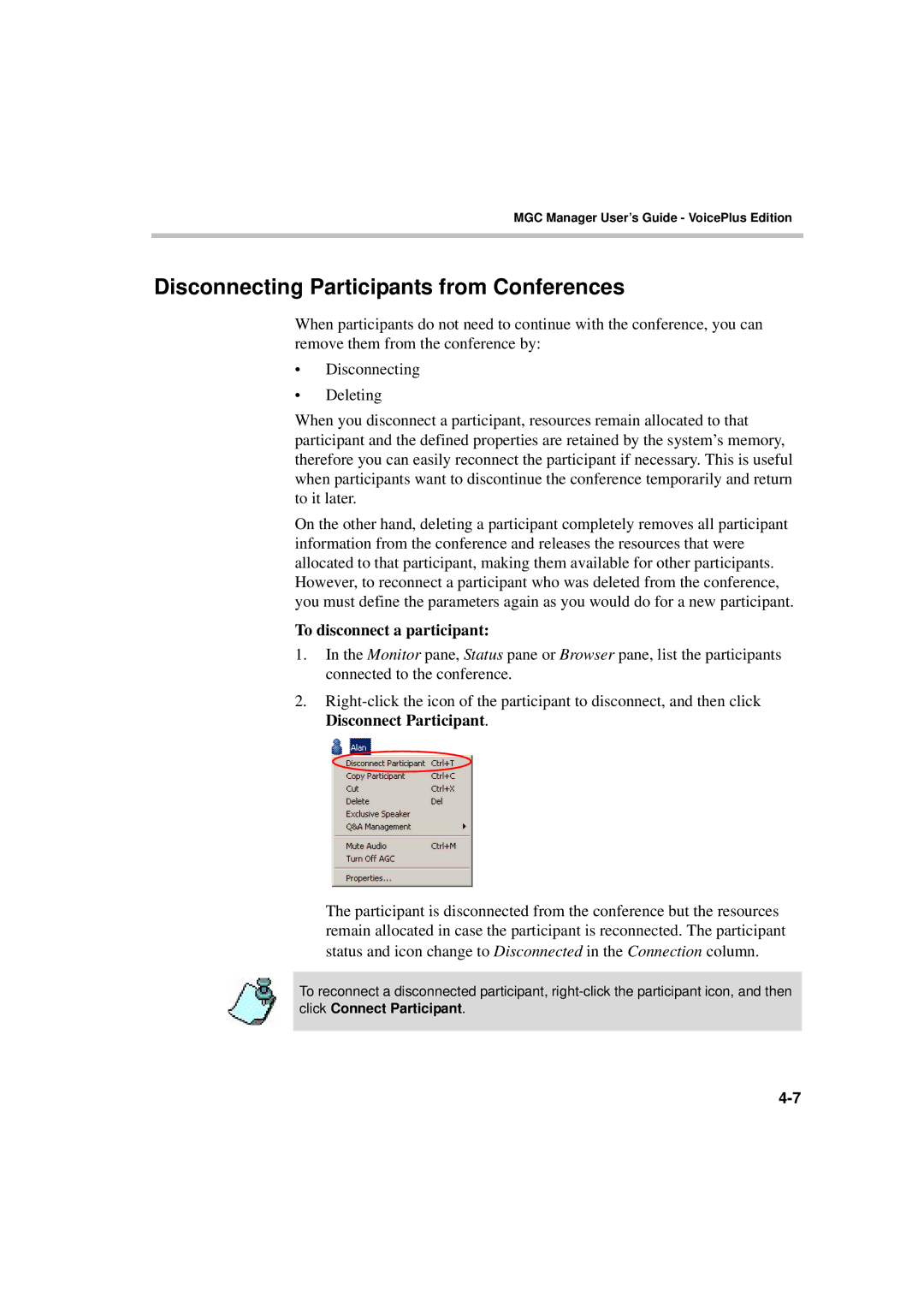 Polycom DOC2066F manual Disconnecting Participants from Conferences, To disconnect a participant 