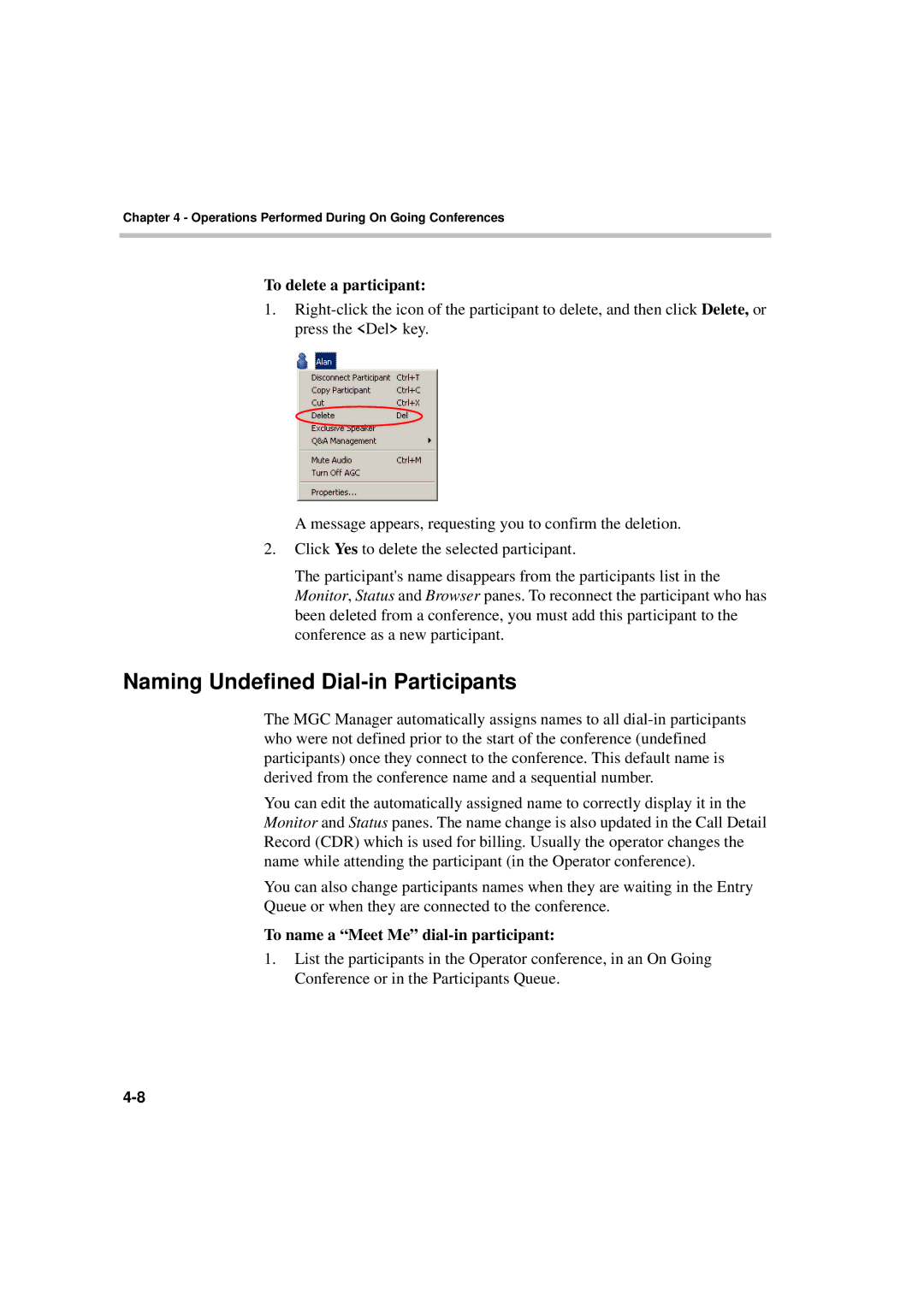 Polycom DOC2066F Naming Undefined Dial-in Participants, To delete a participant, To name a Meet Me dial-in participant 