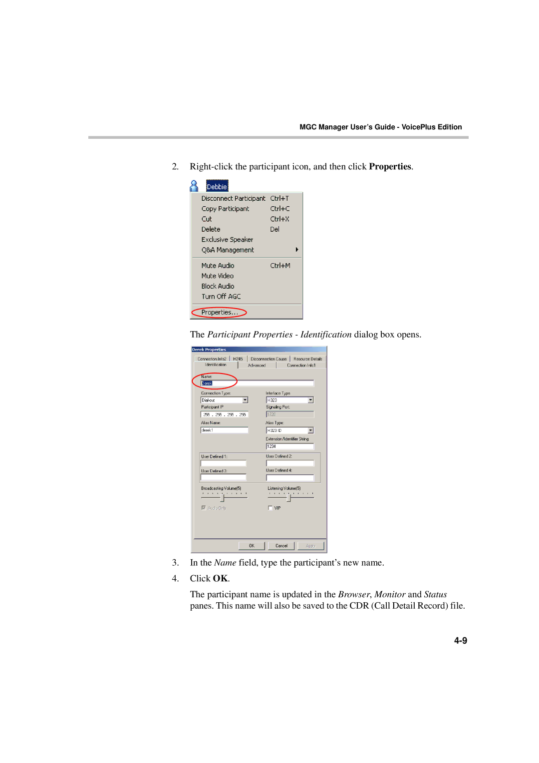 Polycom DOC2066F manual Right-click the participant icon, and then click Properties 