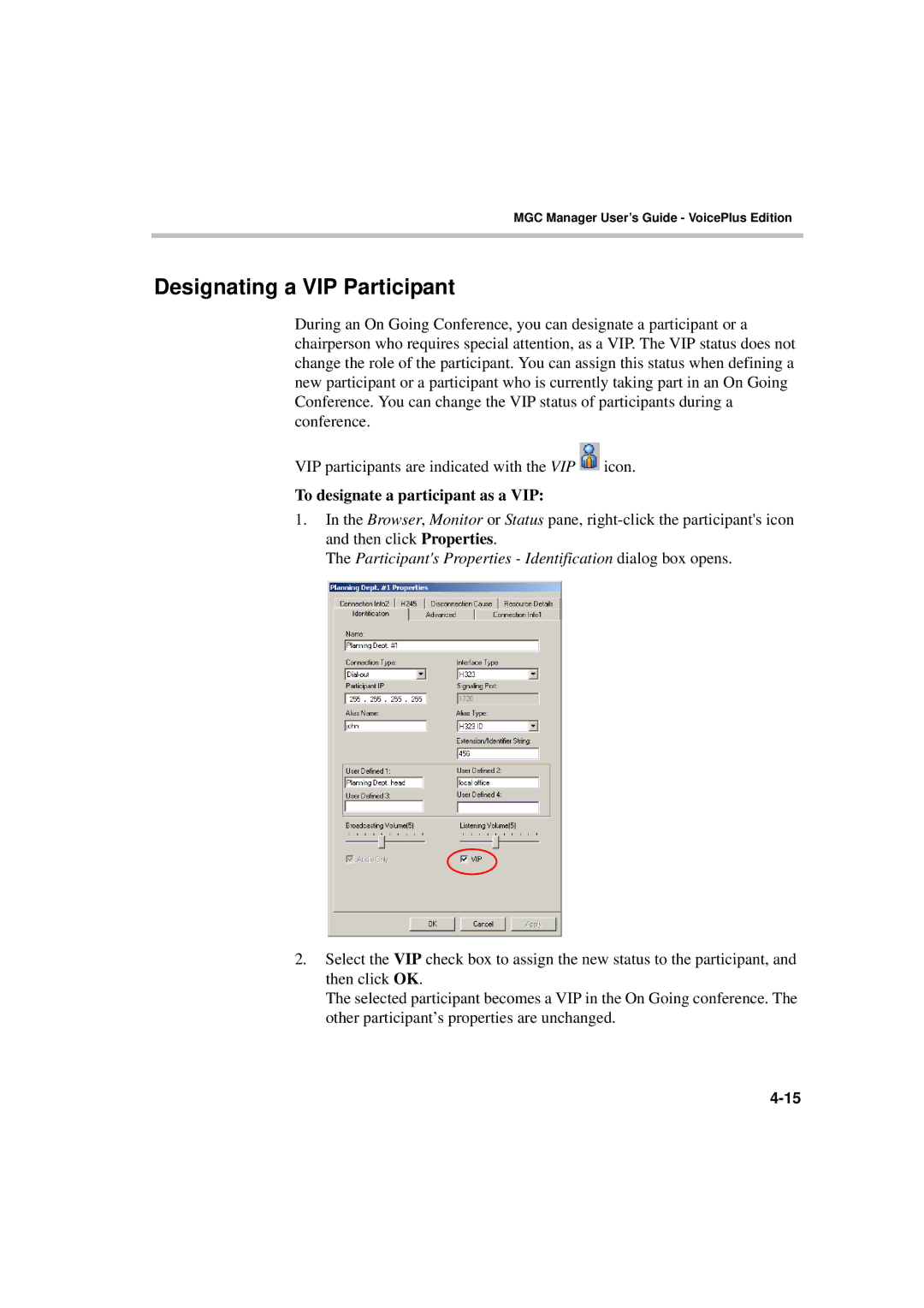 Polycom DOC2066F manual Designating a VIP Participant, To designate a participant as a VIP 