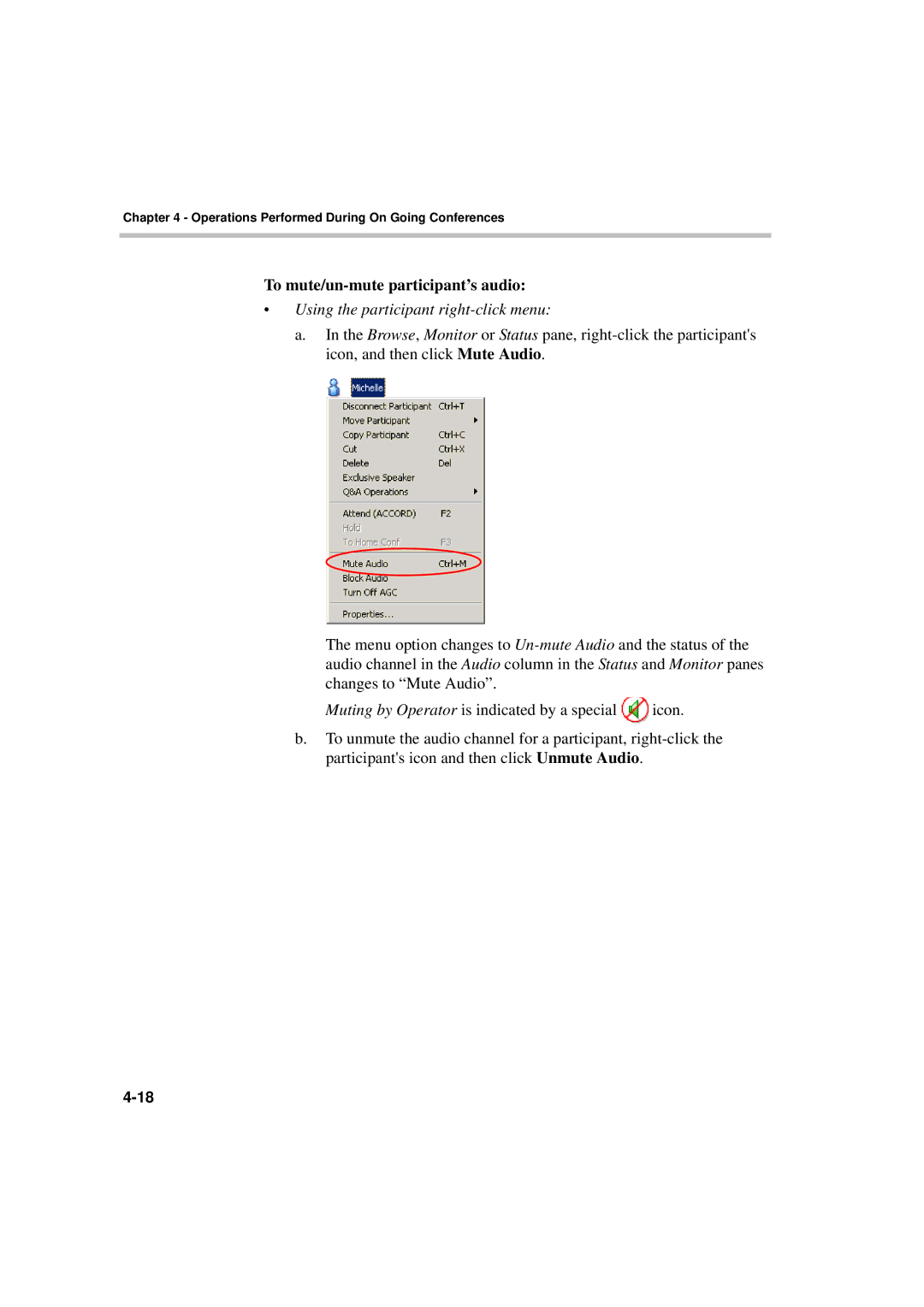 Polycom DOC2066F manual To mute/un-mute participant’s audio, Using the participant right-click menu 