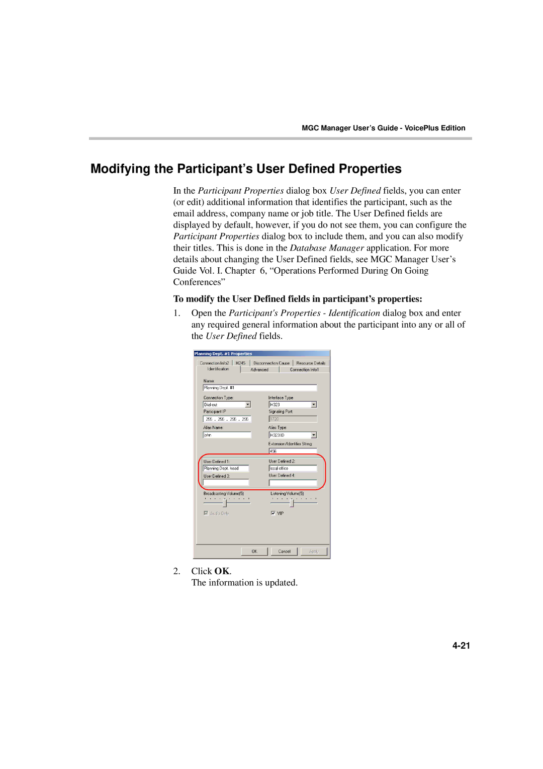 Polycom DOC2066F manual Modifying the Participant’s User Defined Properties 