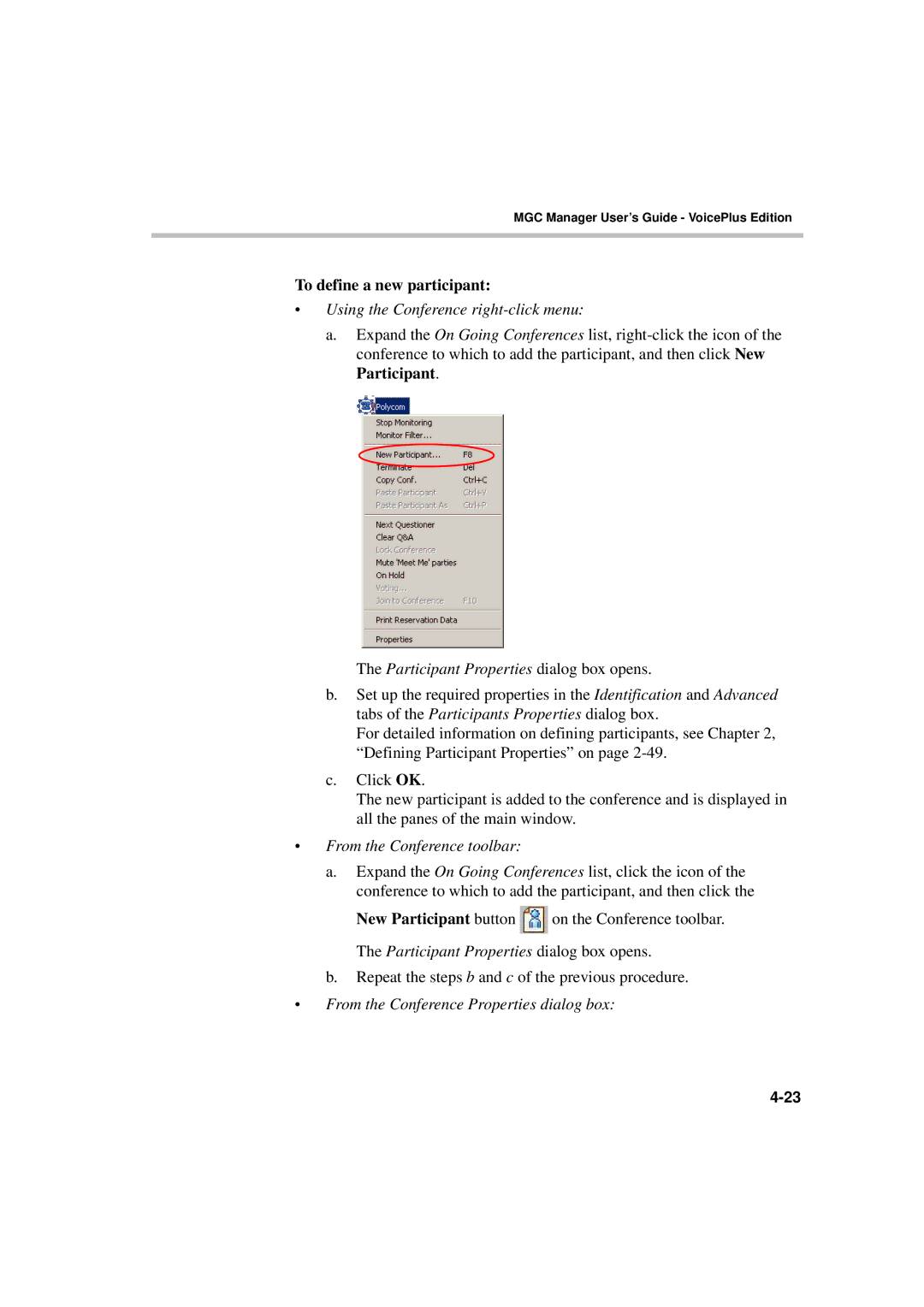 Polycom DOC2066F manual Using the Conference right-click menu, Participant Properties dialog box opens 