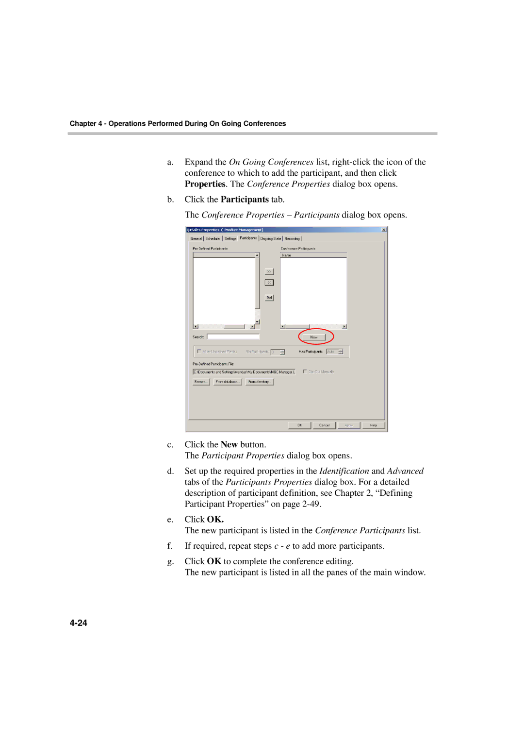 Polycom DOC2066F manual Conference Properties Participants dialog box opens 