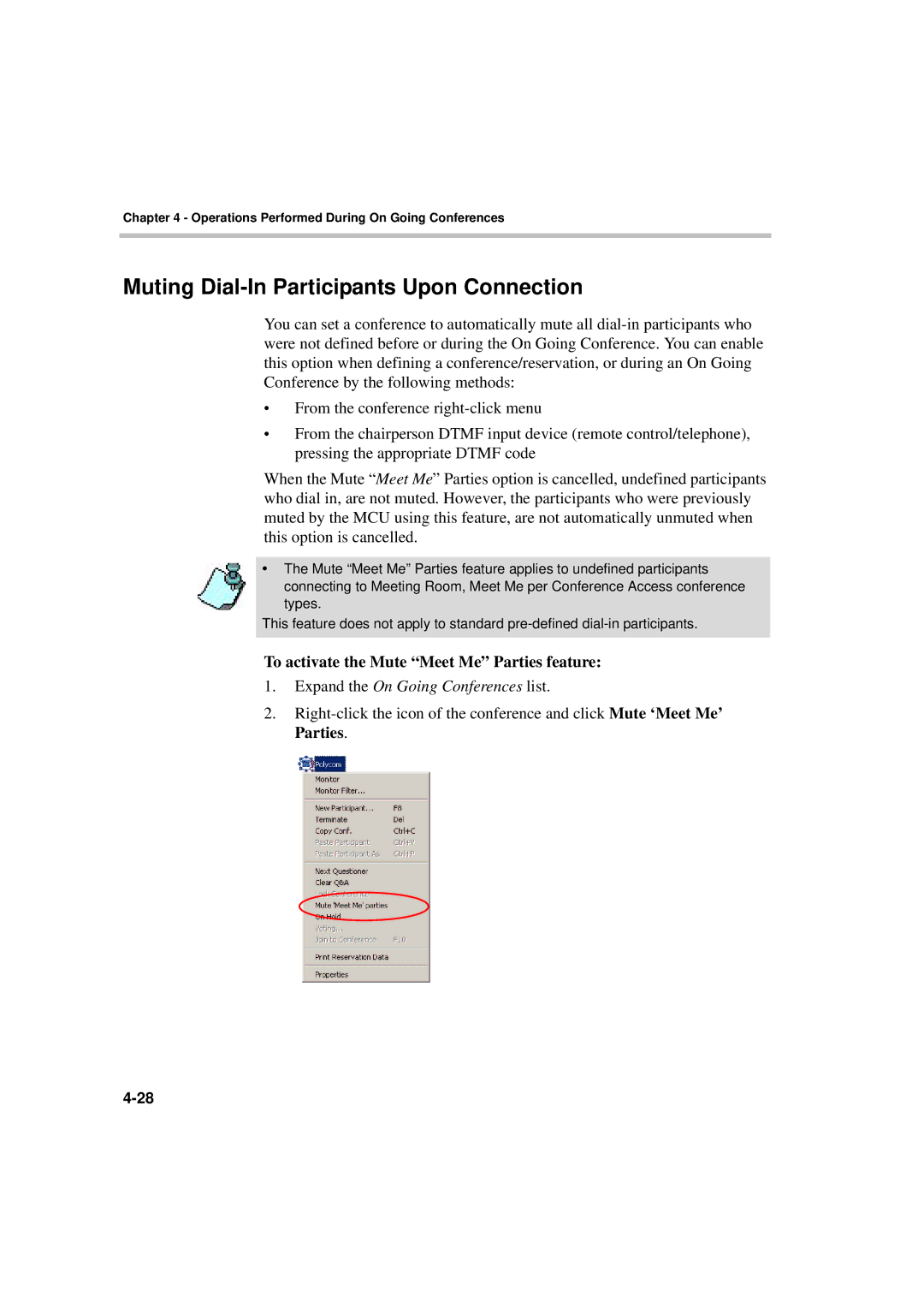 Polycom DOC2066F manual Muting Dial-In Participants Upon Connection, To activate the Mute Meet Me Parties feature 