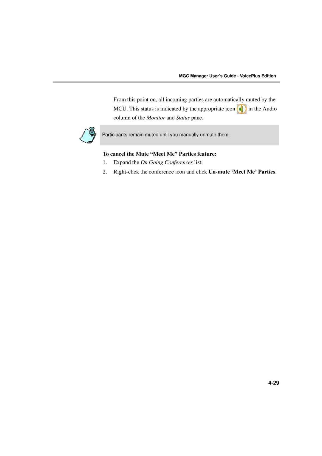 Polycom DOC2066F manual To cancel the Mute Meet Me Parties feature 