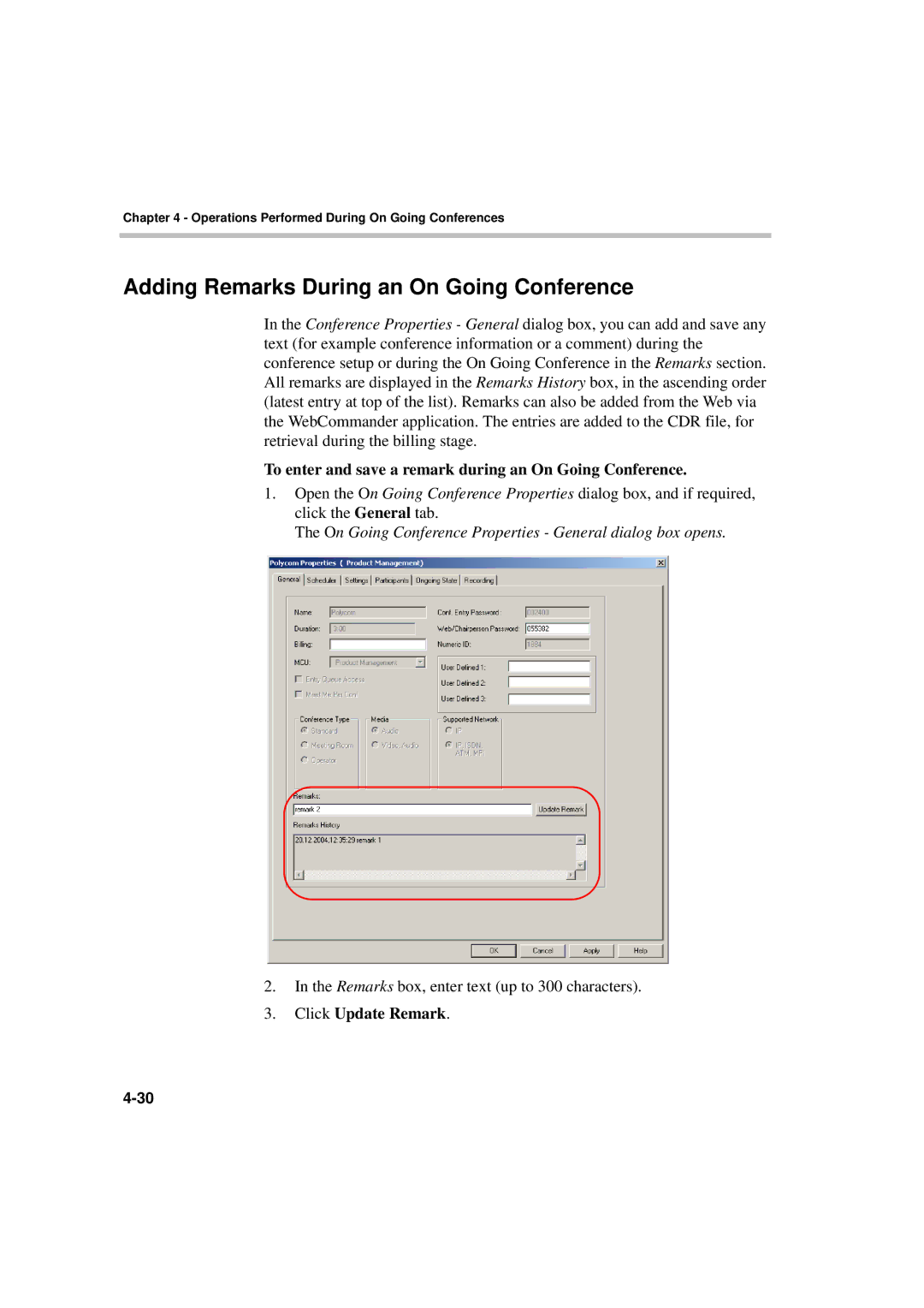 Polycom DOC2066F Adding Remarks During an On Going Conference, To enter and save a remark during an On Going Conference 