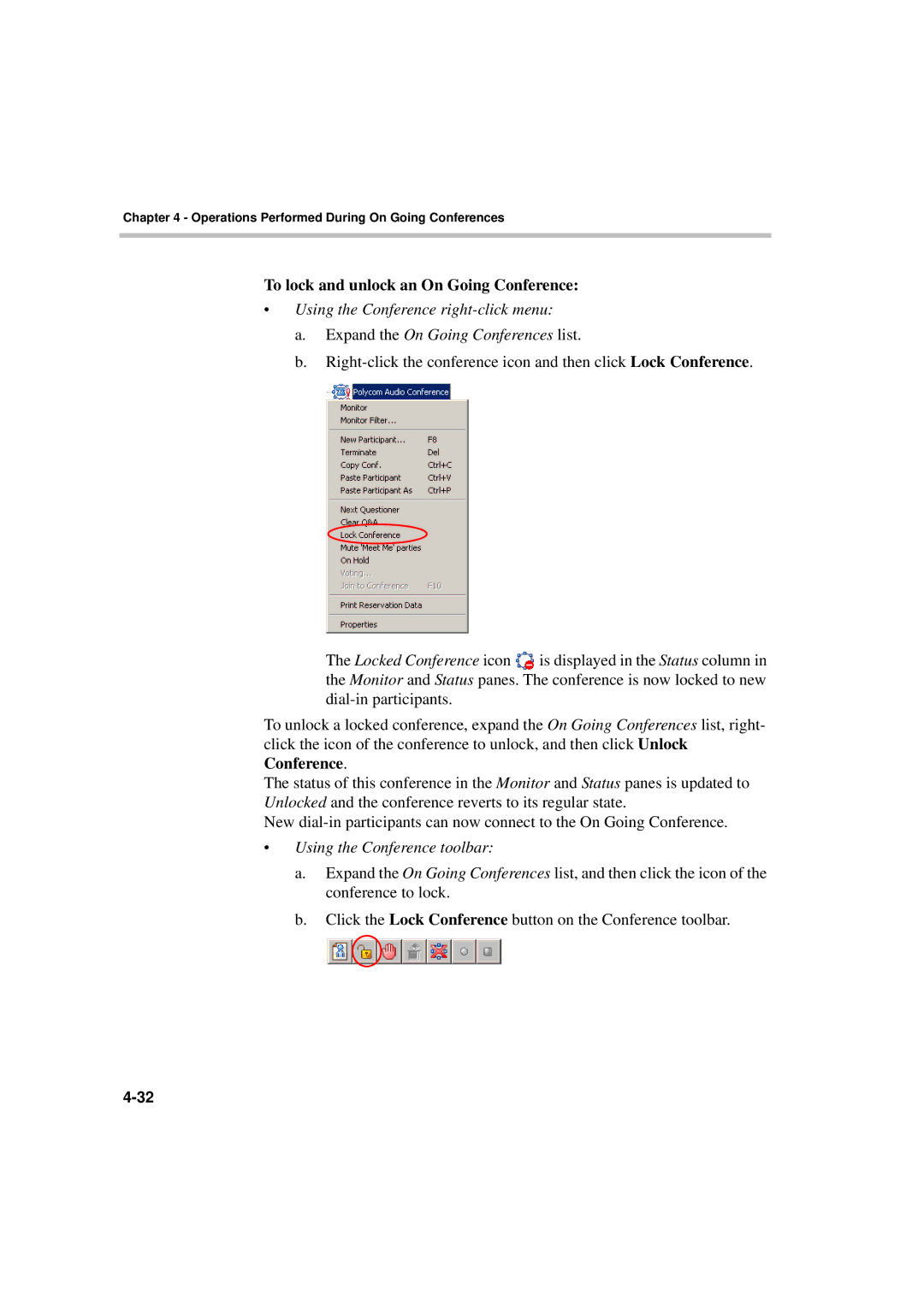 Polycom DOC2066F manual To lock and unlock an On Going Conference, Using the Conference toolbar 