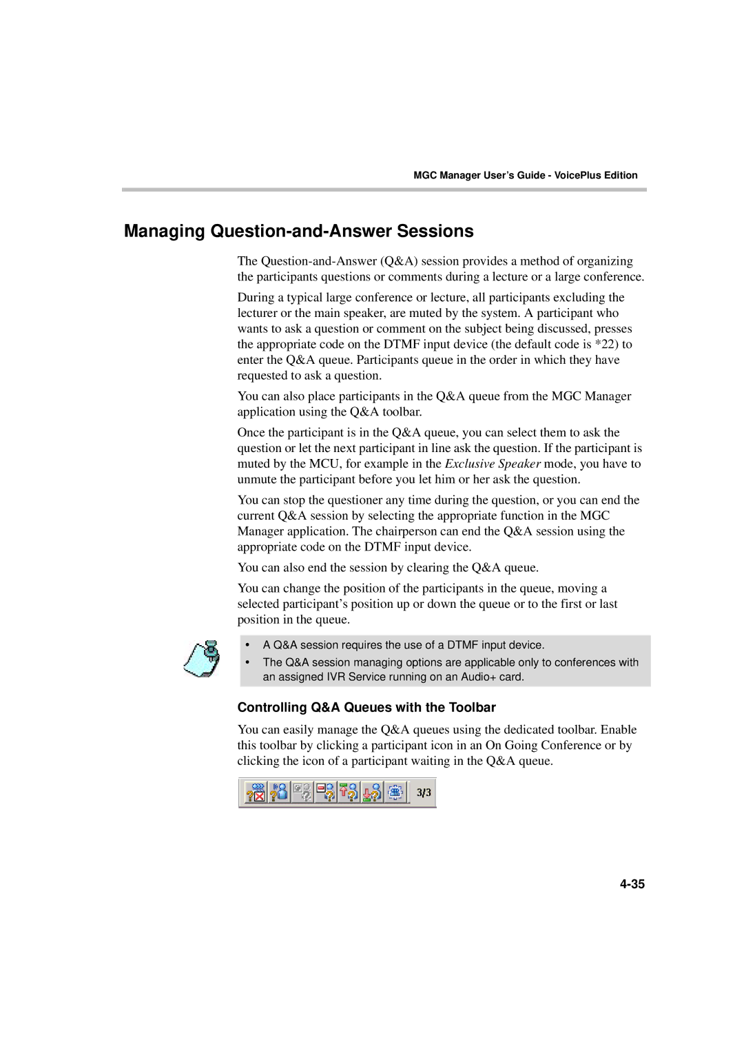 Polycom DOC2066F manual Managing Question-and-Answer Sessions, Controlling Q&A Queues with the Toolbar 