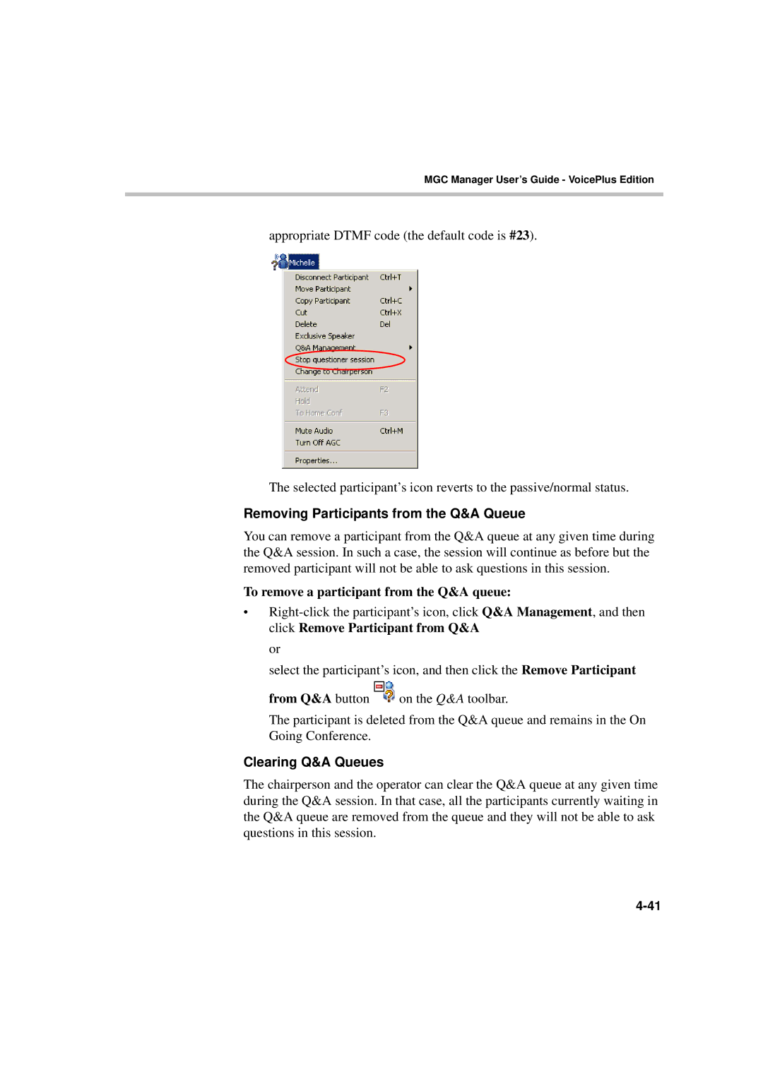 Polycom DOC2066F manual Removing Participants from the Q&A Queue, To remove a participant from the Q&A queue 