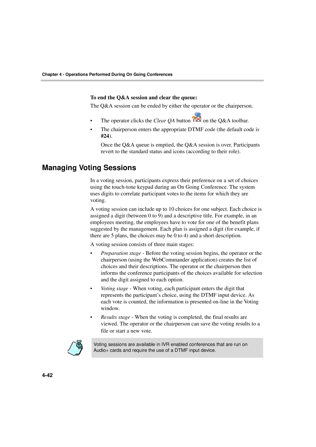 Polycom DOC2066F manual Managing Voting Sessions, To end the Q&A session and clear the queue 