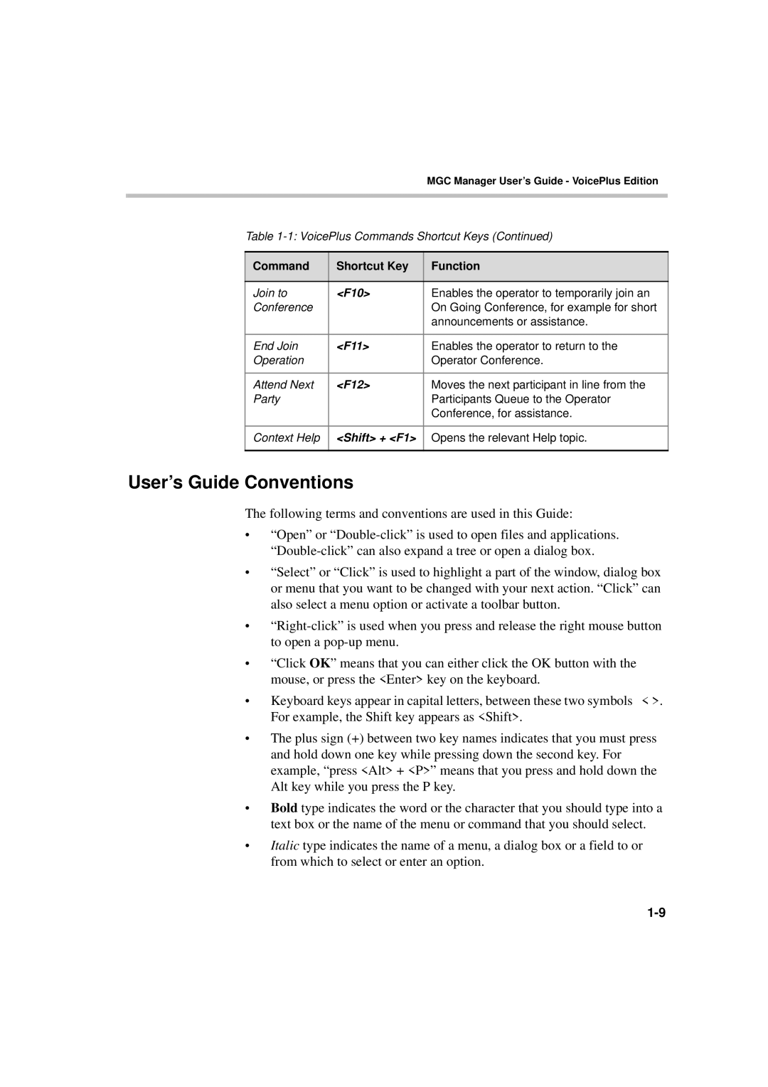 Polycom DOC2066F manual User’s Guide Conventions, F10, F11, F12, Shift + F1 