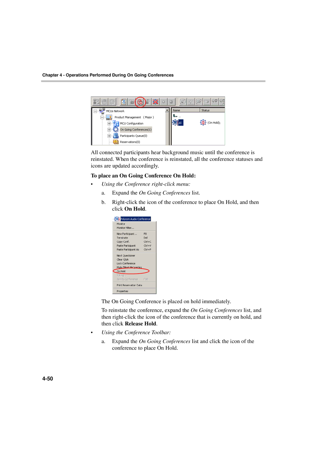 Polycom DOC2066F manual To place an On Going Conference On Hold, Using the Conference Toolbar 