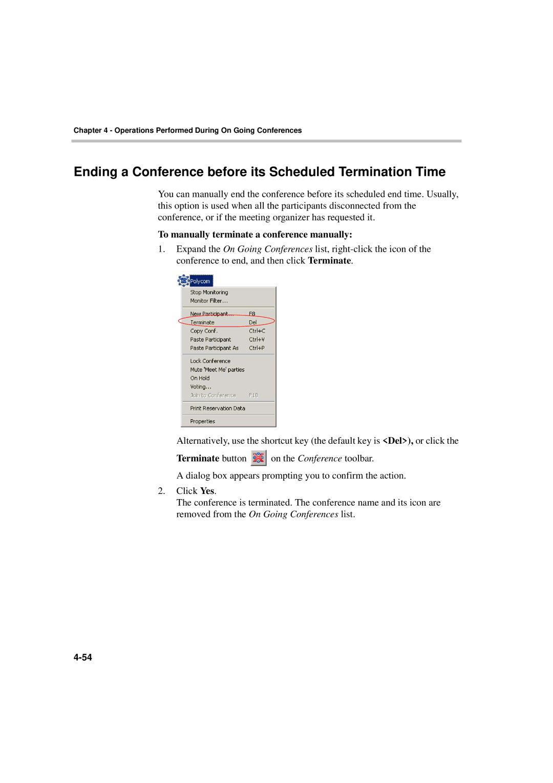 Polycom DOC2066F Ending a Conference before its Scheduled Termination Time, To manually terminate a conference manually 