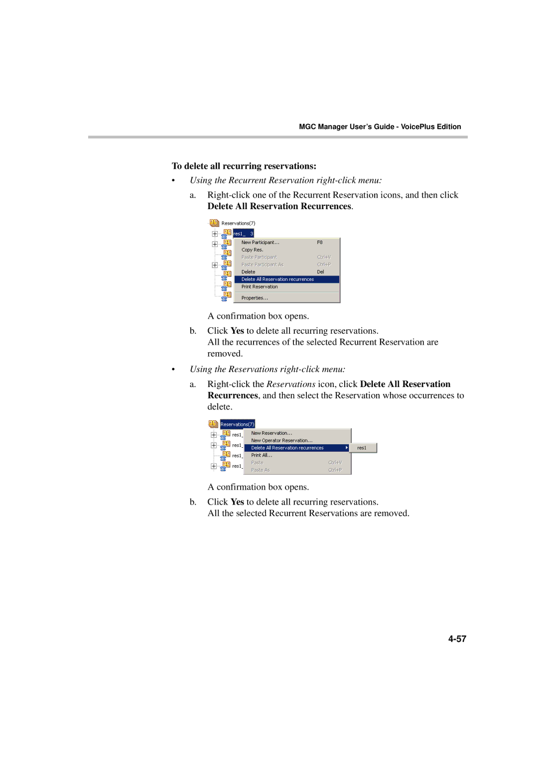 Polycom DOC2066F manual To delete all recurring reservations, Using the Recurrent Reservation right-click menu 