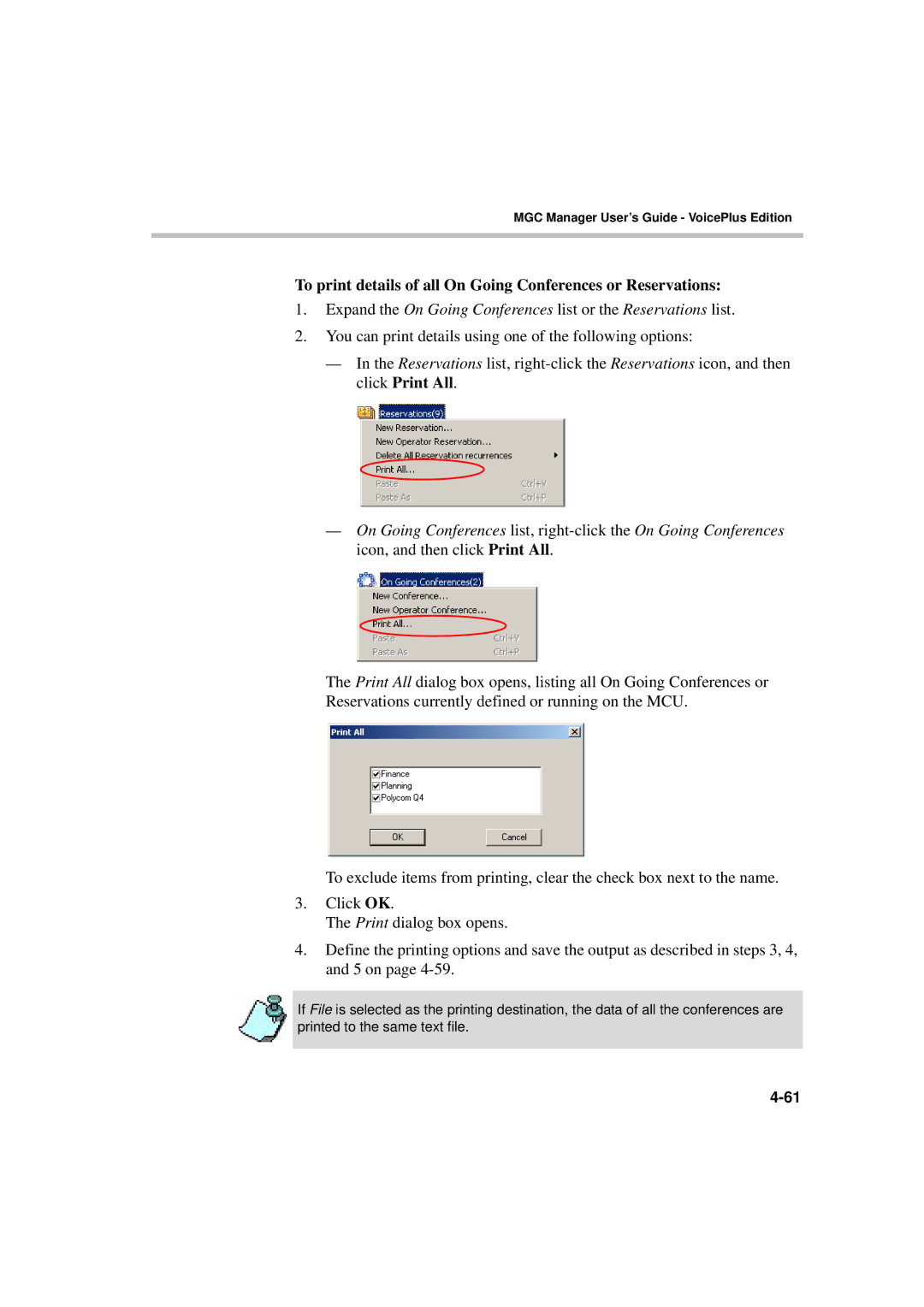 Polycom DOC2066F manual To print details of all On Going Conferences or Reservations 