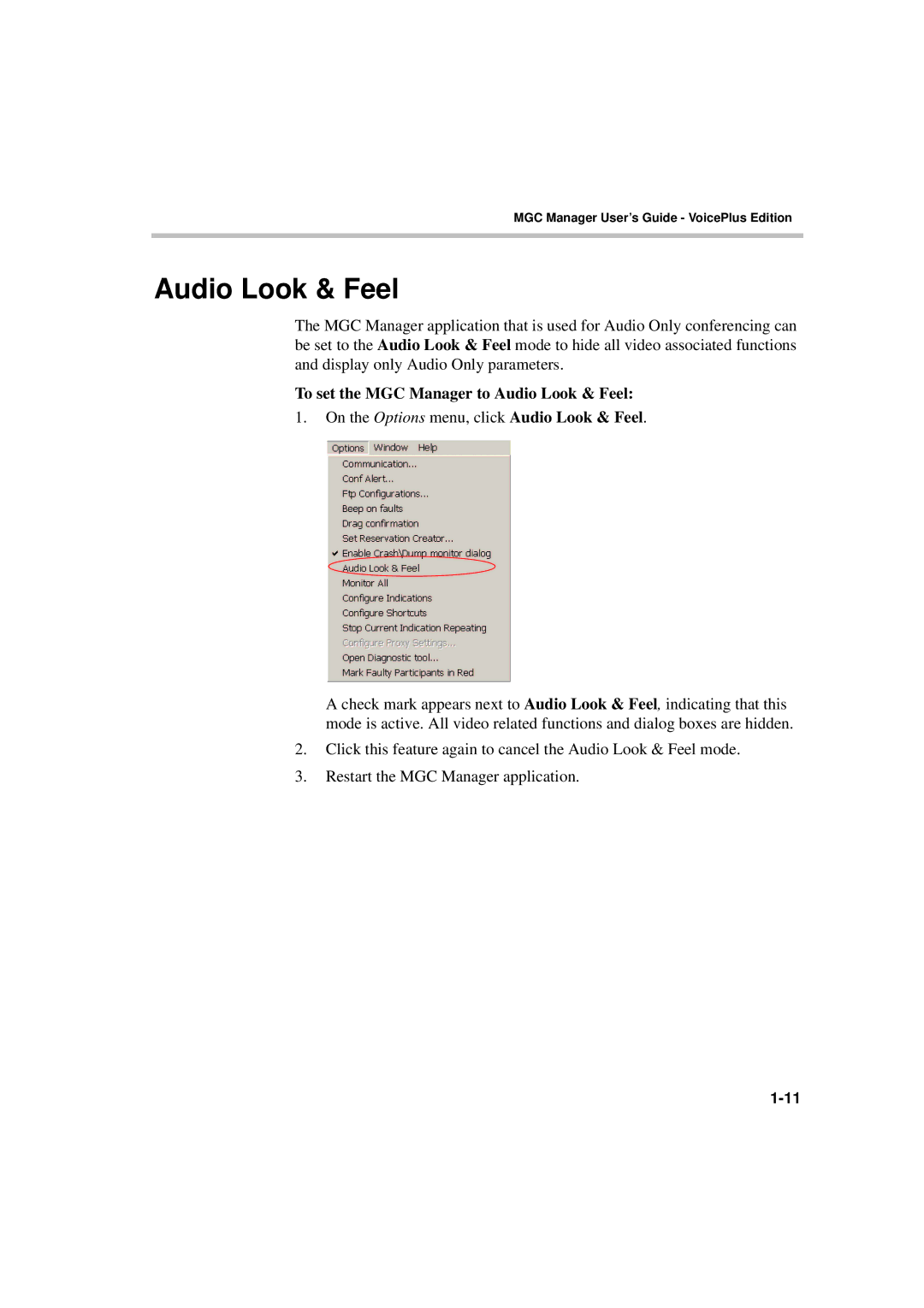 Polycom DOC2066F manual To set the MGC Manager to Audio Look & Feel 