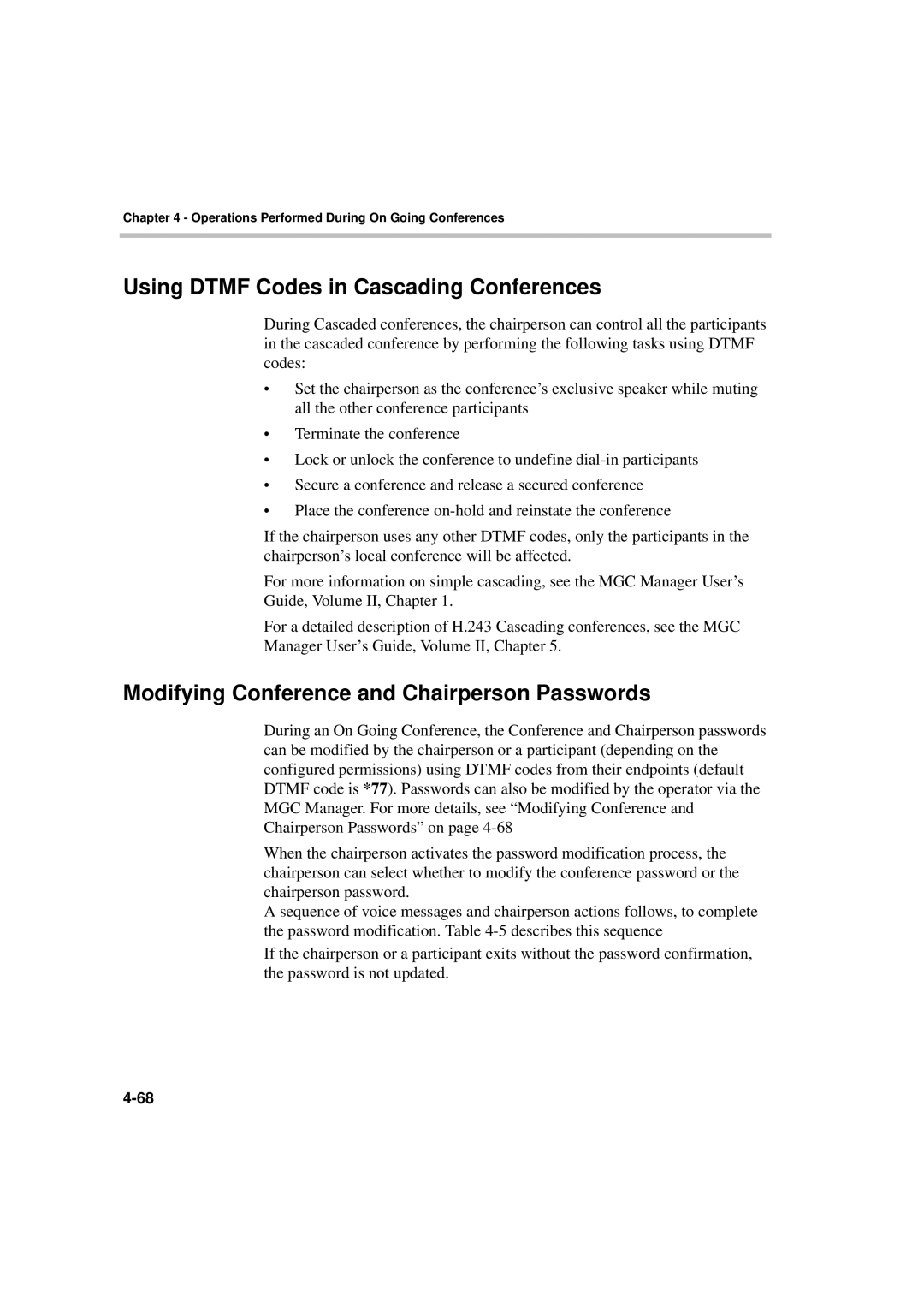 Polycom DOC2066F manual Using Dtmf Codes in Cascading Conferences, Modifying Conference and Chairperson Passwords 