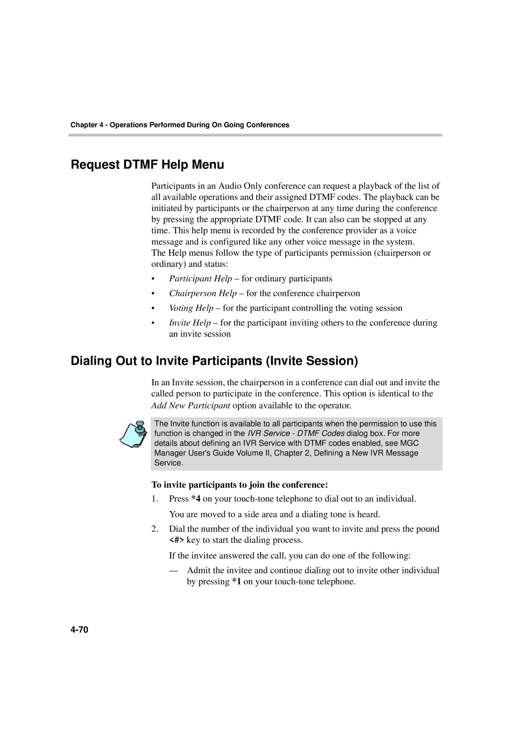 Polycom DOC2066F manual Request Dtmf Help Menu, Dialing Out to Invite Participants Invite Session 