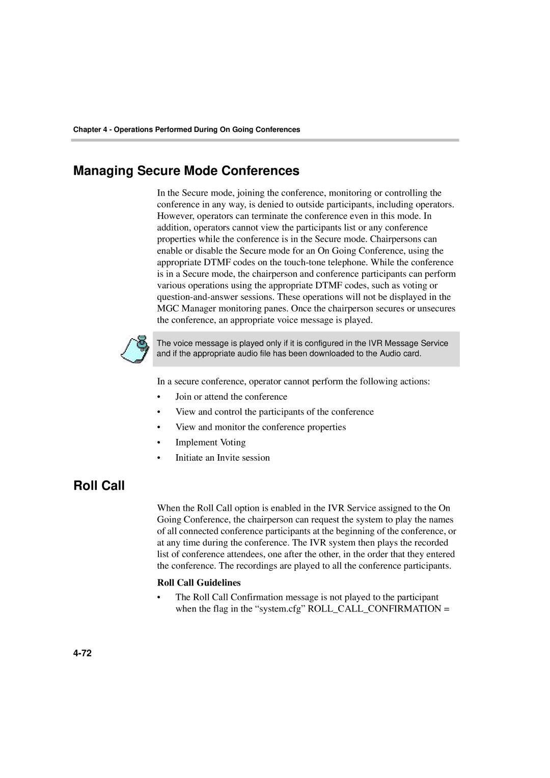 Polycom DOC2066F manual Managing Secure Mode Conferences, Roll Call Guidelines 