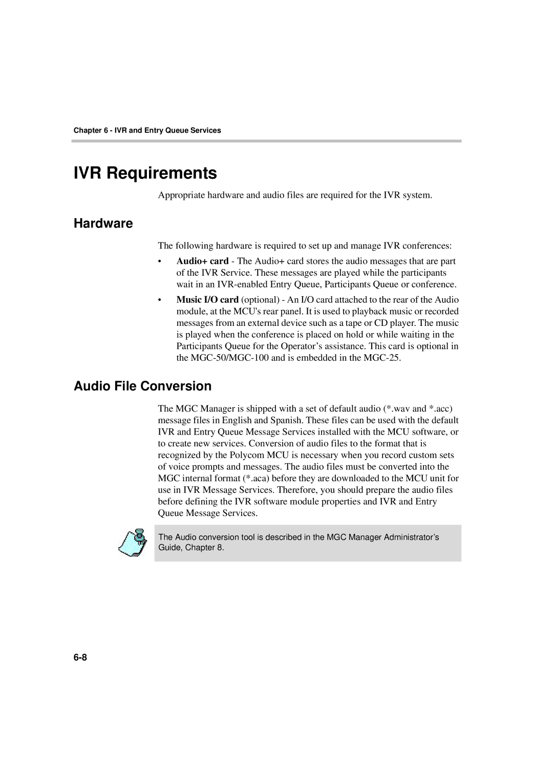 Polycom DOC2066F manual IVR Requirements, Hardware, Audio File Conversion 