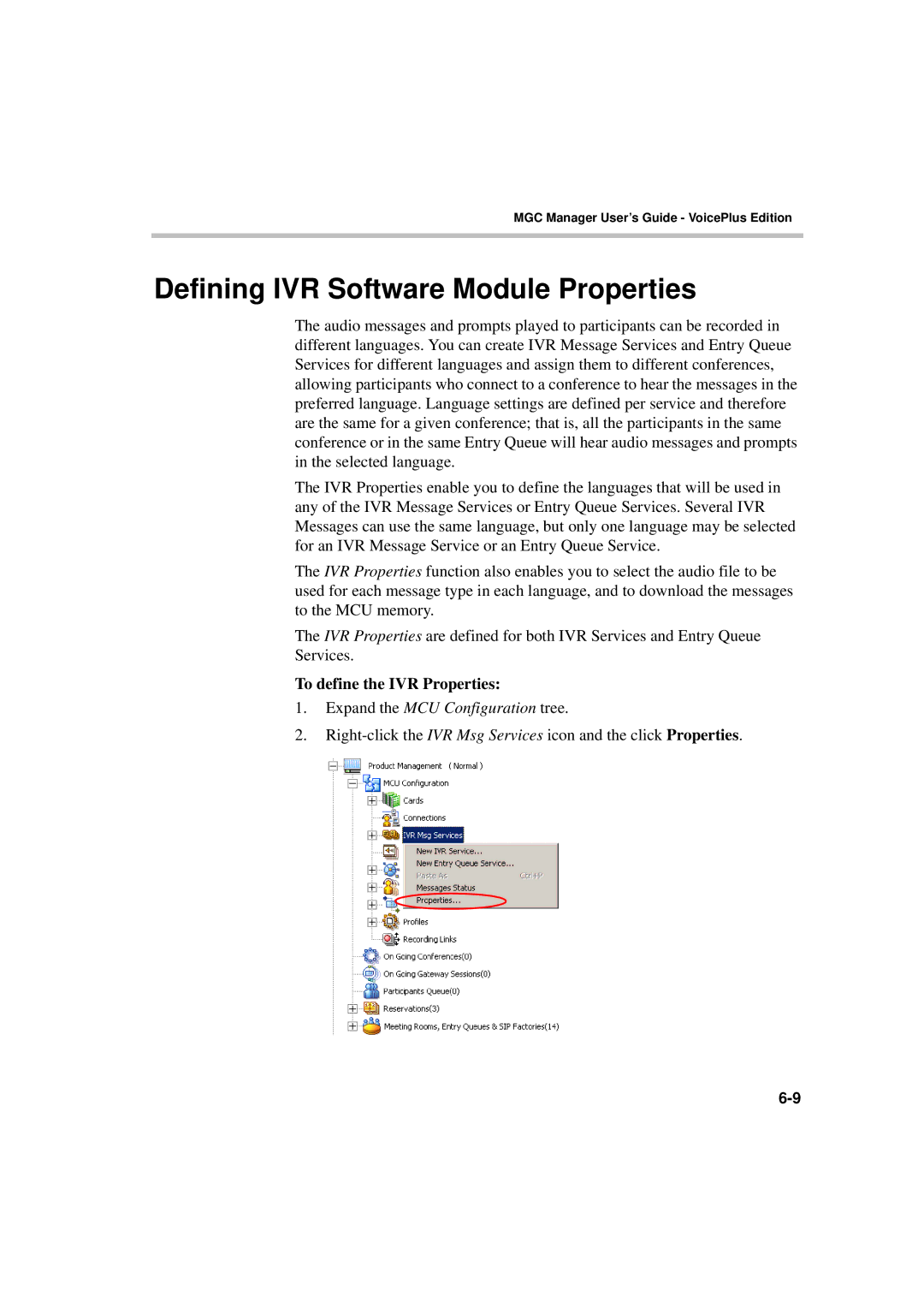 Polycom DOC2066F Defining IVR Software Module Properties, To define the IVR Properties, Expand the MCU Configuration tree 