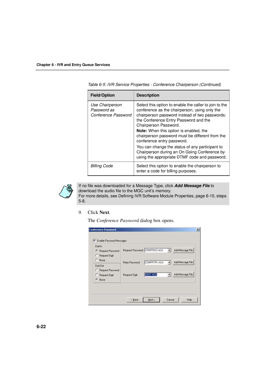 Polycom DOC2066F manual Click Next Conference Password dialog box opens 